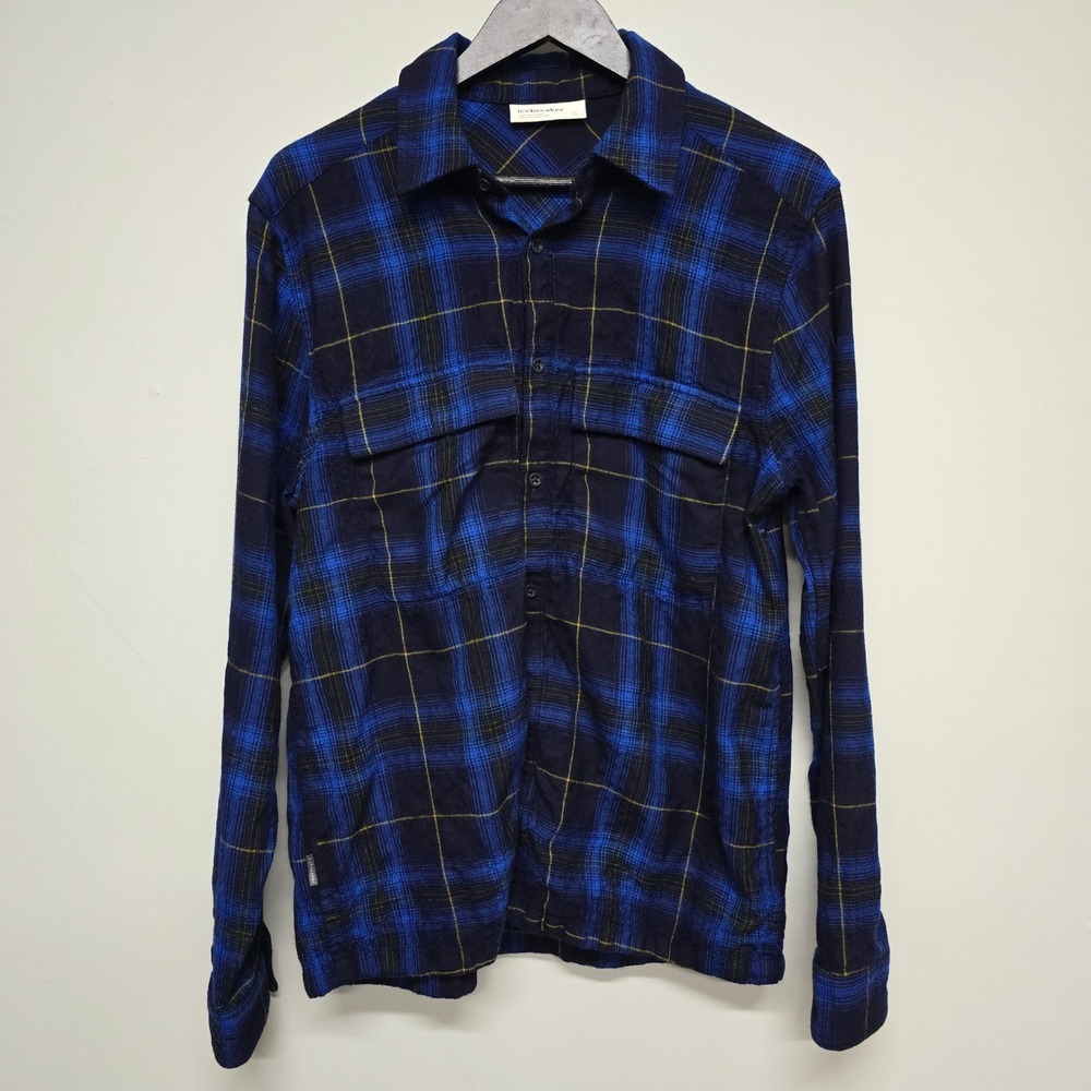 Icebreaker Plaid Button Down Mens Medium Blue Merino Wool Flannel Gorpcore